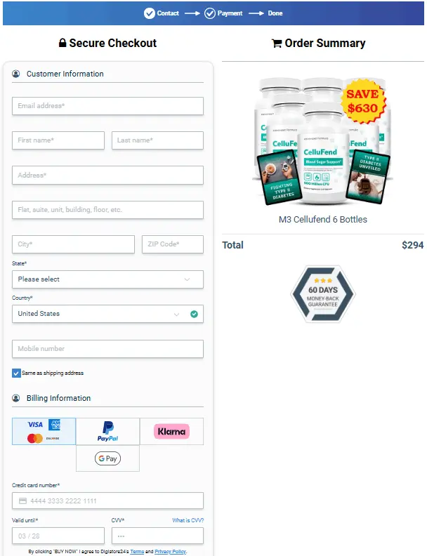 cellufend - checkout form